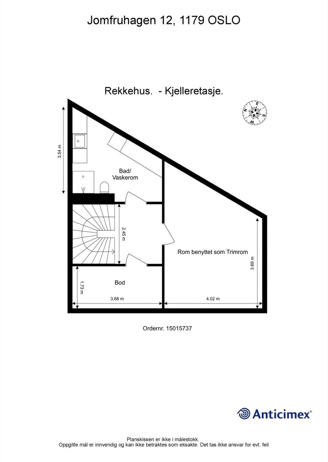 Plantegning kjeller. Lagringsbod i tillegg til sportsbod/trimrom og vaskerom. 